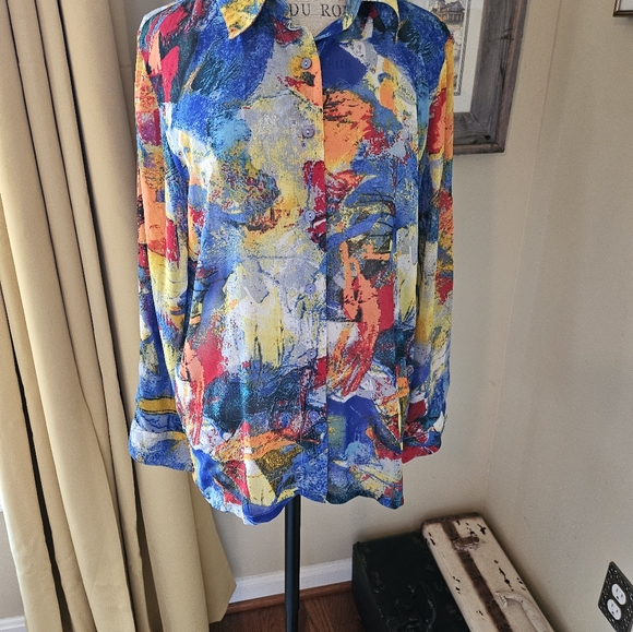Vintage Blouse Modern Colorful Abstract Art Design Button up Long Sleeve - Picture 6 of 12
